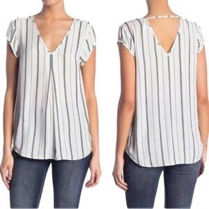 ❤️ 🆕 HALOGEN Striped Double V Neck Short Sleeve Blouse Top Size XS